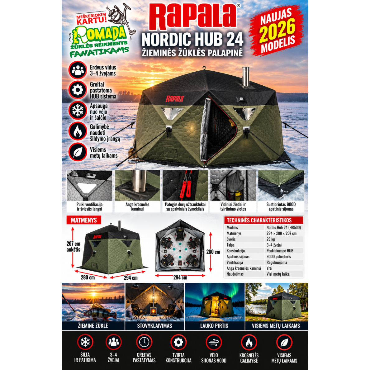 2027 PALAPINĖ KUBAS XL RAPALA NORDIC HUB 24 Erdvi žieminės Vasarinė žūklės palapinė