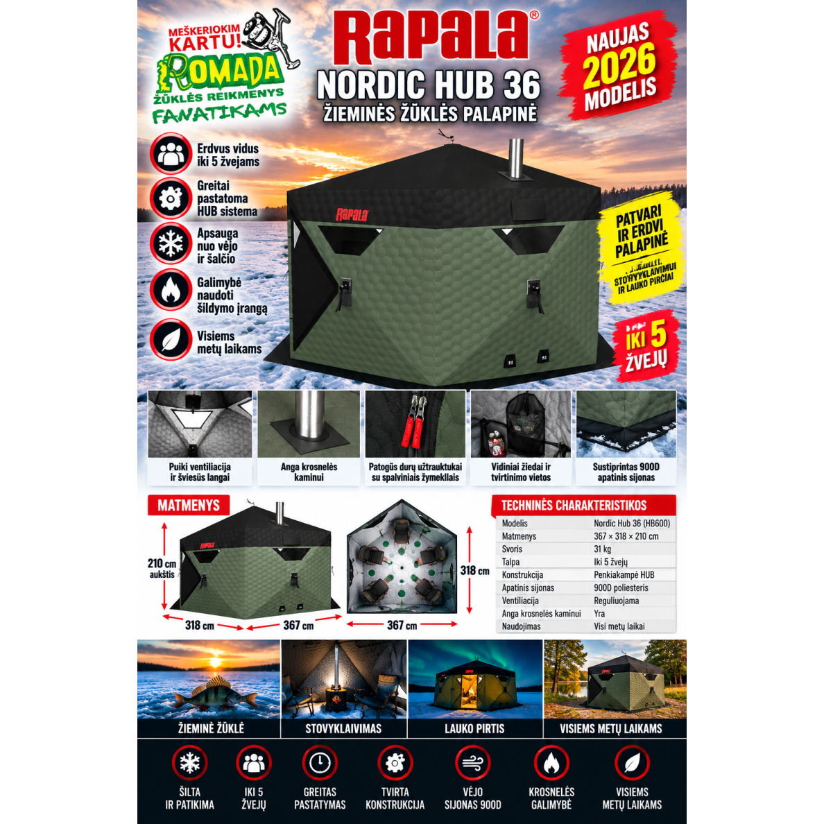 2027 PALAPINĖ KUBAS XXL RAPALA NORDIC HUB 36 Erdvi žieminės Vasarinė žūklės palapinė 2027 PALAPINĖ KUBAS XXL RAPALA NORDIC HUB 36 Erdvi žieminės Vasarinė žūklės palapinė