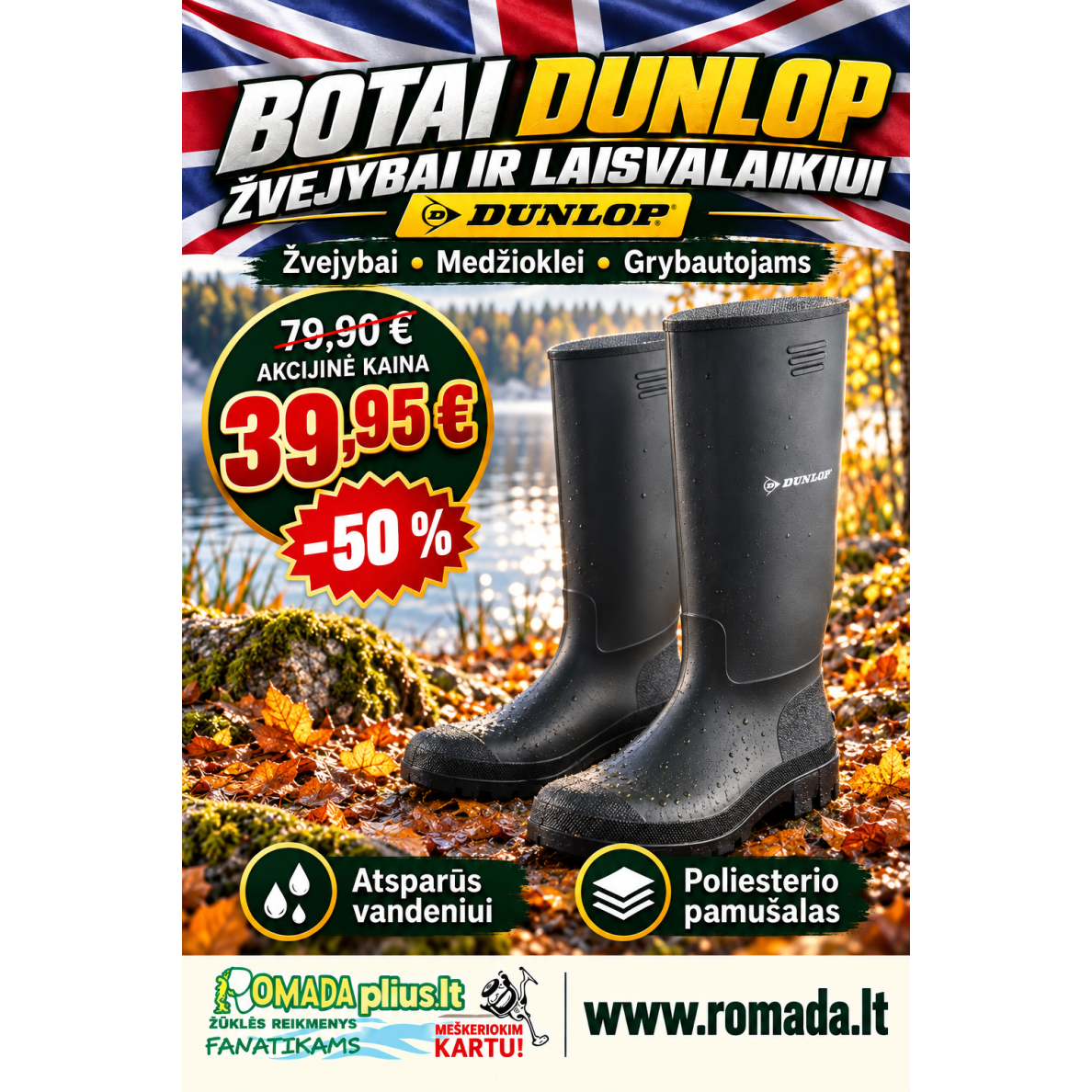 Botai DUNLOP žvejybai Medžioklei Poilsiui Gamtoje Juodi Pagaminti Portugalijoje Minkšti Grybautojams
