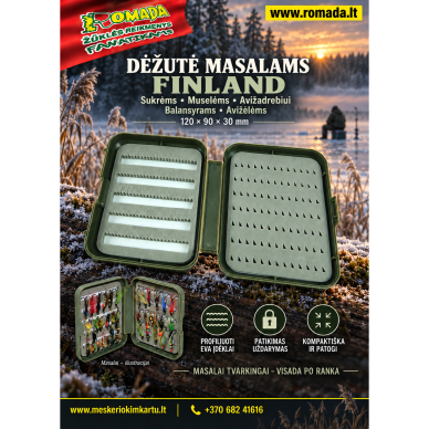 Dėžutė masalams Finland Sukrėms Muselėms Avižadrebiui Balansyrams Avižėlėms 120x90x30mm Dėžutė masalams Finland Sukrėms Muselėms Avižadrebiui Balansyrams Avižėlėms 120x90x30mm