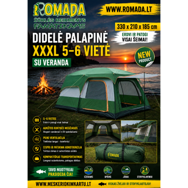 Didelė XXXL 5–6 vietų palapinė su veranda 330 × 210 × 185 cm