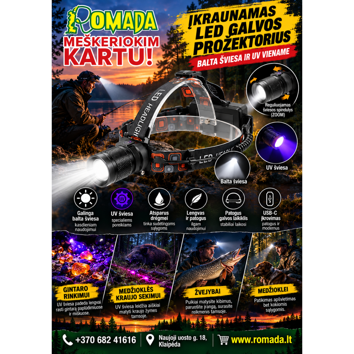Įkraunamas LED galvos prožektorius su balta ir UV šviesa žvejybai medžioklei ir gintaro paieškai
