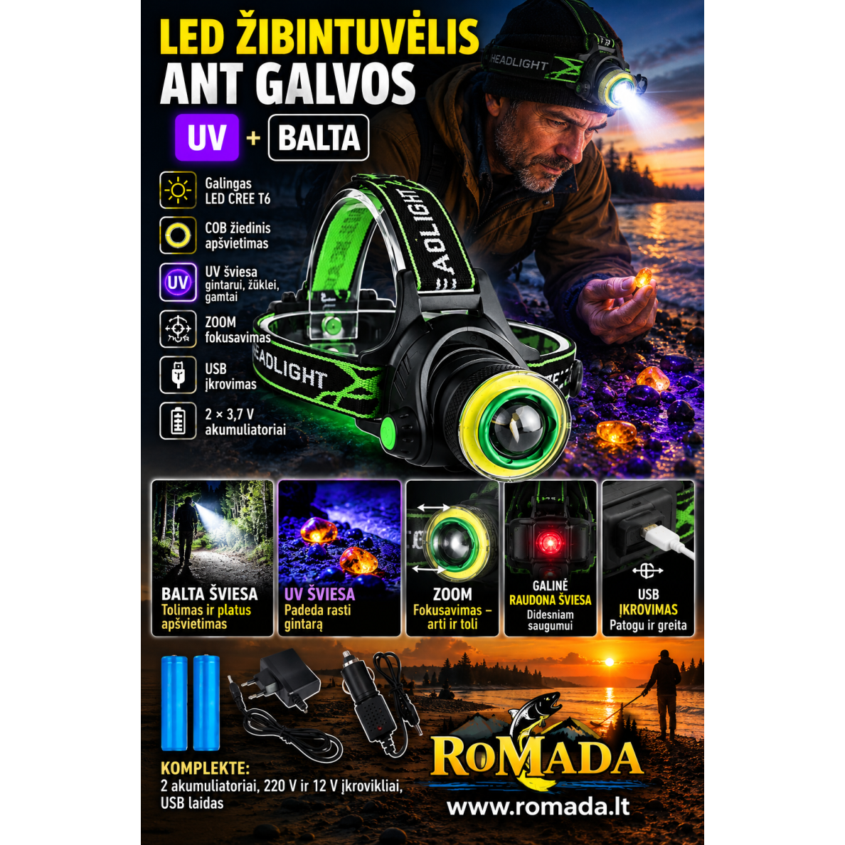 Įkraunamas LED galvos prožektorius su balta ir UV šviesa žvejybai medžioklei ir gintaro paieškai Žalias