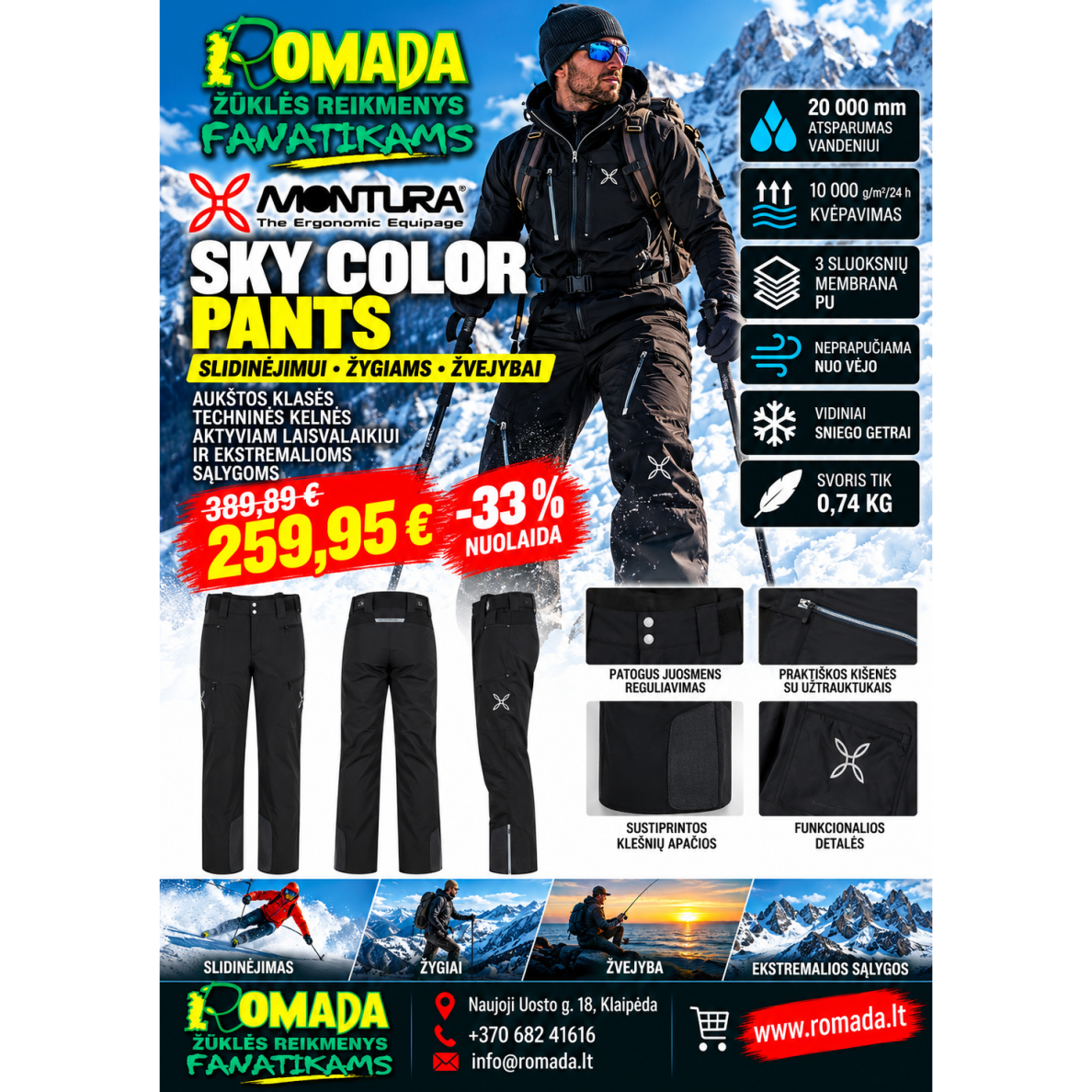 Kelnės Slidinėjimui Žygiui Žvejybai Montura Sky Color pants Kelnės Slidinėjimui Žygiui Žvejybai Montura Sky Color pants
