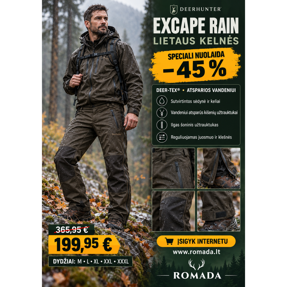 Kelnės Nuo Lietaus Deerhunter Medžioklinės DEER-TEX®100% Kelnės Nuo Lietaus Deerhunter Medžioklinės DEER-TEX®100%