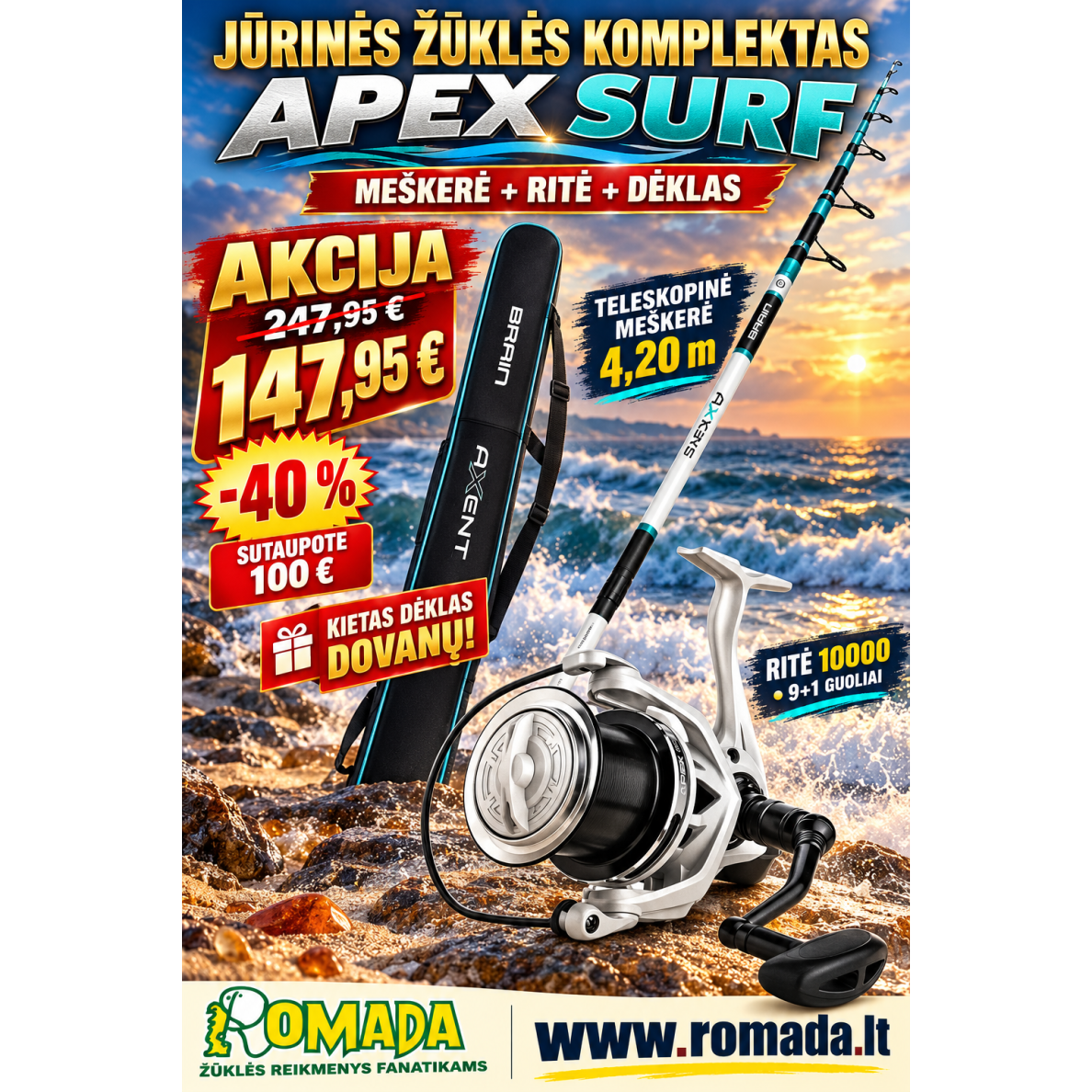 KOMPLEKTAS Nauja Meškerė Apex Surf Teleskopinė 4.20m iki 200g +RITĖ Surf Apex Surf-Carp 10000 10-guoli + Kietas Dėklas Dovanų KOMPLEKTAS Nauja Meškerė Apex Surf Teleskopinė 4.20m iki 200g +RITĖ Surf Apex Surf-Carp 10000 10-guoli + Kietas Dėklas Dovanų