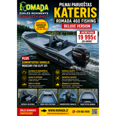 Motorinė valtis Kateris Romada 460 FISHING Deluxe version Variklis 50Ag  Aukšta kokybė! Sumontuotas Variklis Outboard motor Mercury F50 ELPT EFI