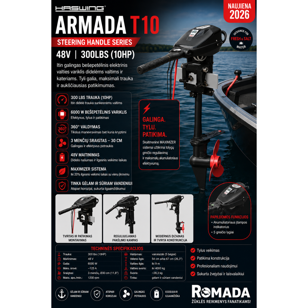 Naujas Elektrinis 10-ARKLIO JĖGOS 300LBS VALTIES VARIKLIS HASWING ARMADA 10T BRUSHLESS TROLLING MOTOR 48V 10HP Tinka Jūroje