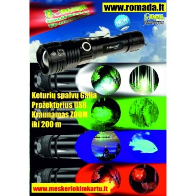 Naujas Nešiojamas Lauko Prožektorius USB Keturių Spalvų Led su Ličio jonų baterija Li-Ion Įkraunamas 2000Lm Vandeniui atsparus