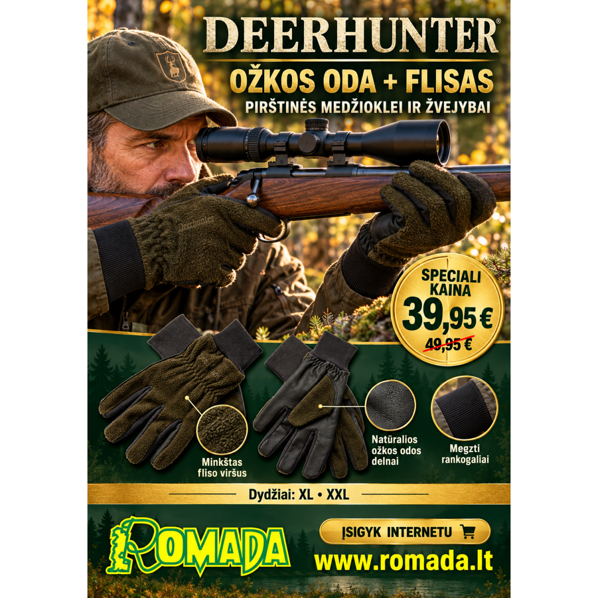 Pirštinės Ožkos oda + Fleece Deerhunter Medžioklinės Pirštinės Ožkos oda + Fleece Deerhunter Medžioklinės