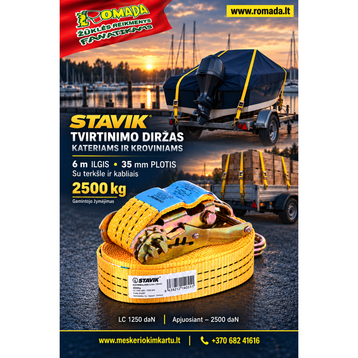 Tvirtinimo diržas su terkšle ir kabliais 35mm × 6 m 2500kg Katerių ir valčių tvirtinimui prie priekabų