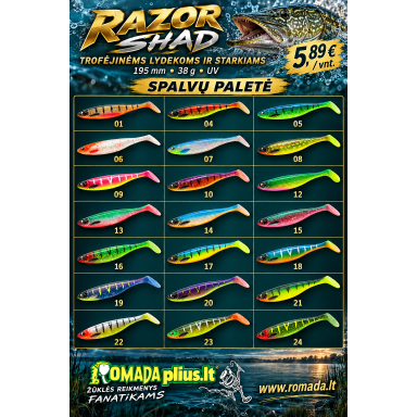 Riperis RAZOR Shad 195mm 38g UV Idealiai tinka gaudyti trofėjines lydekas bei starkius Riperis RAZOR Shad 195mm 38g UV Idealiai tinka gaudyti trofėjines lydekas bei starkius