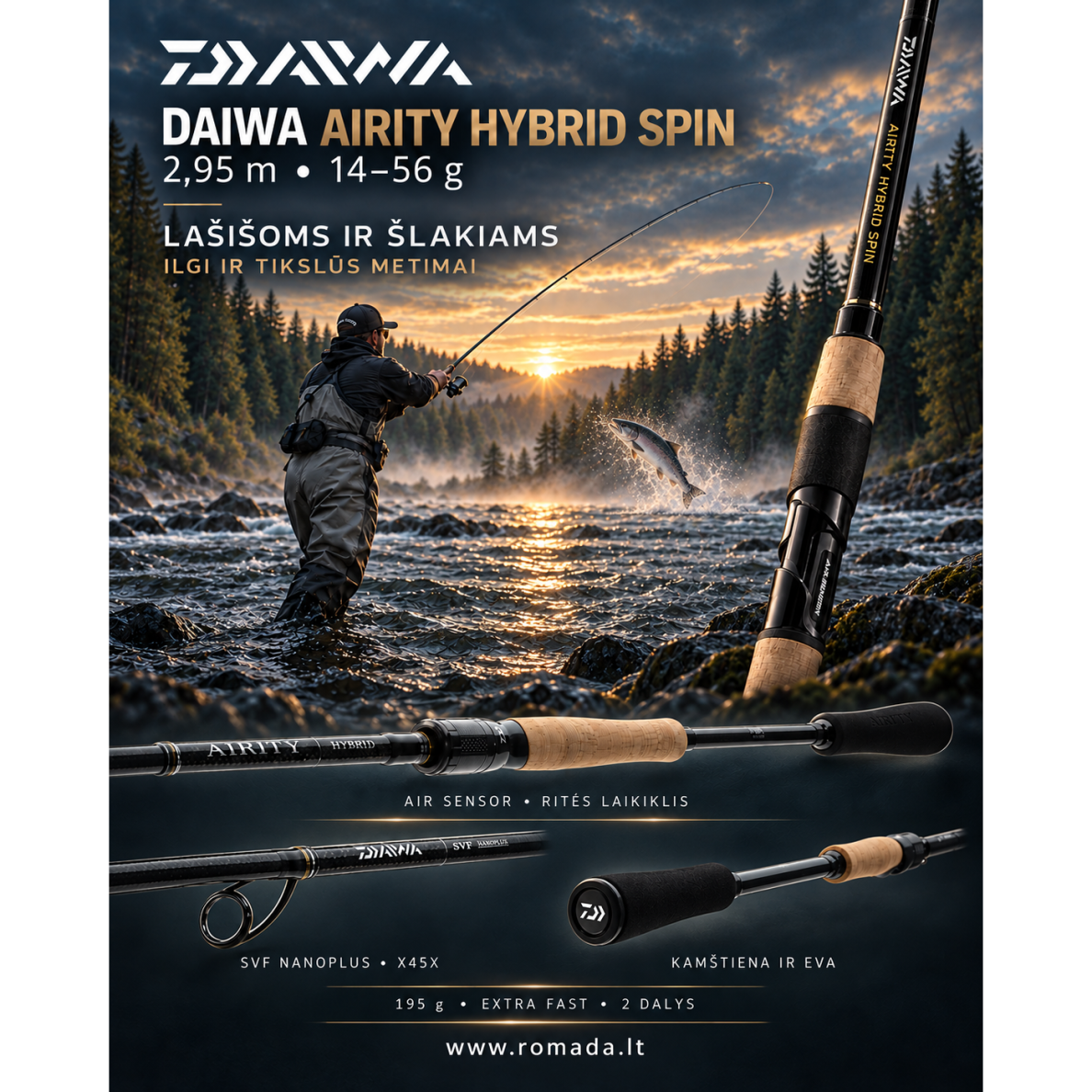 Spiningas Airity Hybrid 2.95m 14-56g Daiwa Lašišinis su Specialiu Dėklu su rite Vienas geriausių pasaulyje Japan Spiningas Airity Hybrid 2.95m 14-56g Daiwa Lašišinis su Specialiu Dėklu su rite Vienas geriausių pasaulyje Japan