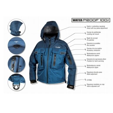 Striukė Spiningautojo Waterproof 100% Blue striukė pagaminta iš labai tvirto vandeniui atsparaus trijų sluoksnių HYDRO-TEC audinio Striukė Spiningautojo Waterproof 100% Blue striukė pagaminta iš labai tvirto vandeniui atsparaus trijų sluoksnių HYDRO-TEC audinio