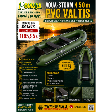 Valtis Pripučiama PVC AQUA-STORM 4.50m Kietas Dugnas Pripučiamas Kylis Žalia Variklis iki 25AG Valtis Pripučiama PVC AQUA-STORM 4.50m Kietas Dugnas Pripučiamas Kylis Žalia Variklis iki 25AG