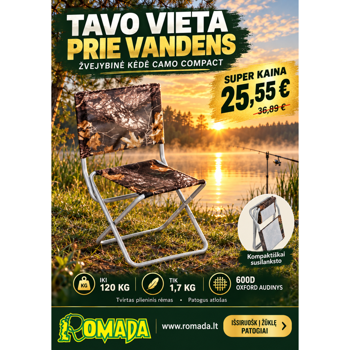Žvejybinė kėdė Camo Compact su atlošu iki 120kg Labai Tvirta Žvejybinė kėdė Camo Compact su atlošu iki 120kg Labai Tvirta