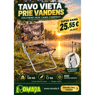 Žvejybinė kėdė Camo Compact su atlošu iki 120kg Labai Tvirta Žvejybinė kėdė Camo Compact su atlošu iki 120kg Labai Tvirta